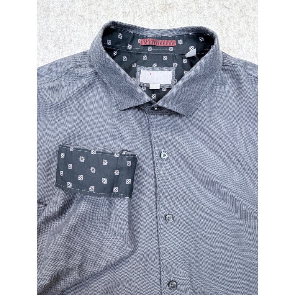 Ted Baker Button Down Shirt Mens XL Gray Herringbone Long Sleeve Cuff